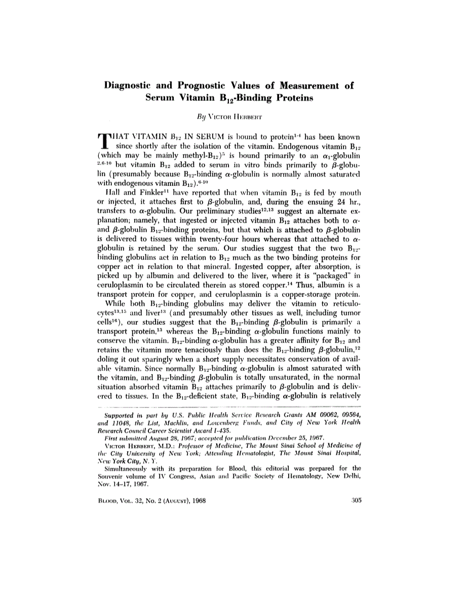 First page of Diagnostic and Prognostic Values of Measurement of Serum Vitamin B<sub>12</sub>-Binding Proteins