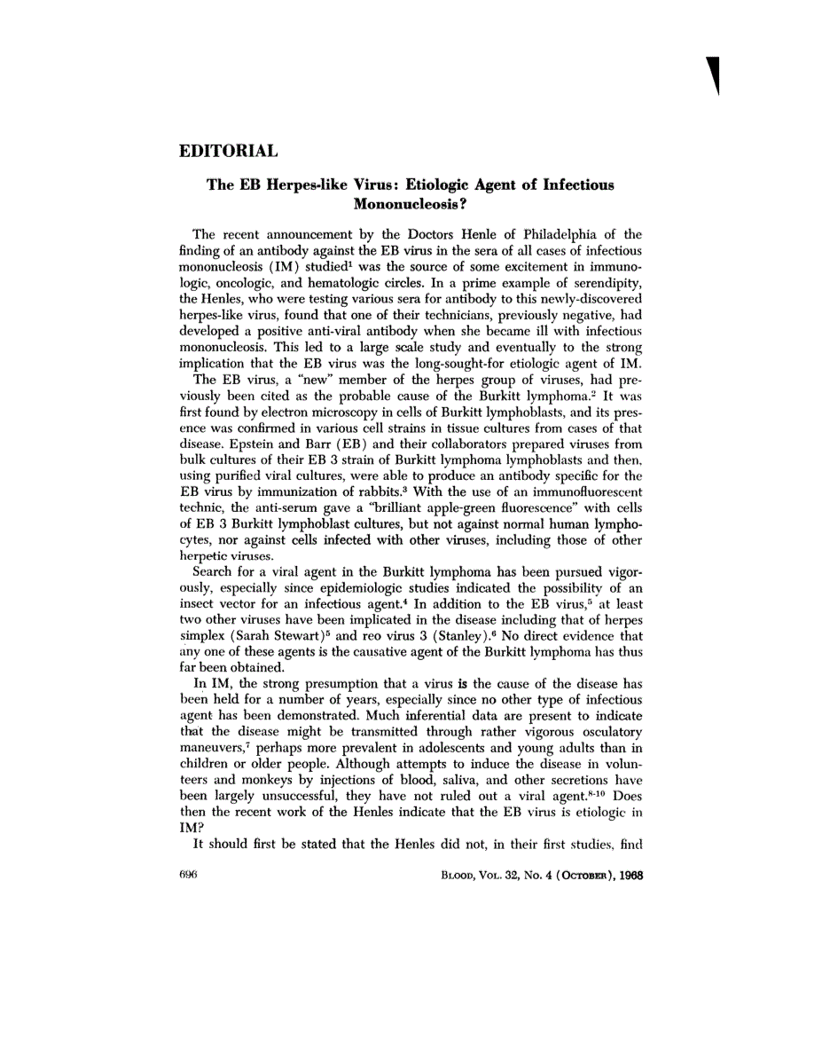First page of Editorial: The EB Herpes-like Virus: Etiologic Agent of Infectious Mononucleosis?