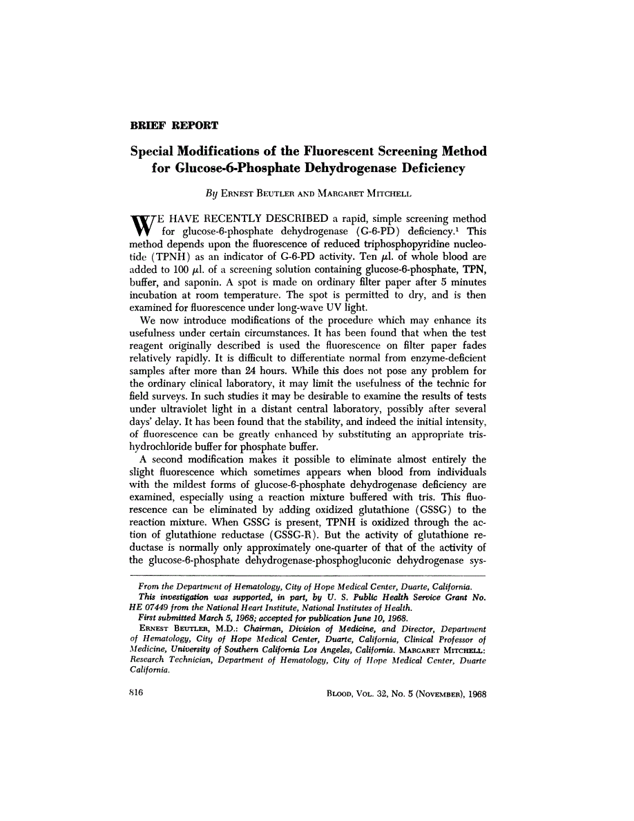 First page of Brief Report: Special Modifications of the Fluorescent Screening Method for Glucose-6-Phosphate Dehydrogenase Deficiency