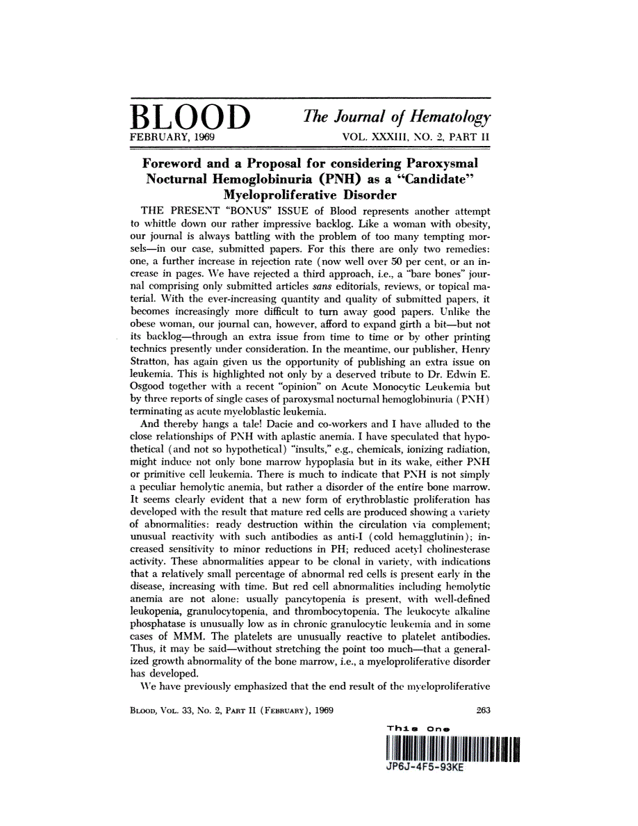 First page of Foreword and a Proposal for considering Paroxysmal Nocturnal Hemoglobinuria (PNH) as a "Candidate" Myeloproliferative Disorder