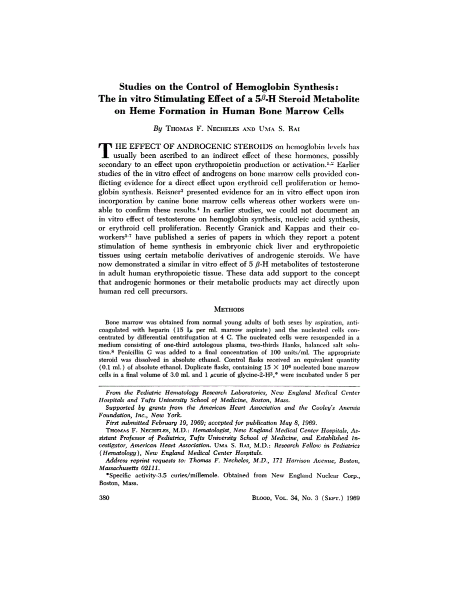 First page of Studies on the Control of Hemoglobin Synthesis: The in vitro Stimulating Effect of a 5β-H Steroid Metabolite on Heme Formation in Human Bone Marrow Cells