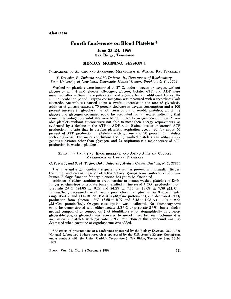 First page of Abstracts: Fourth Conference on Blood Platelets