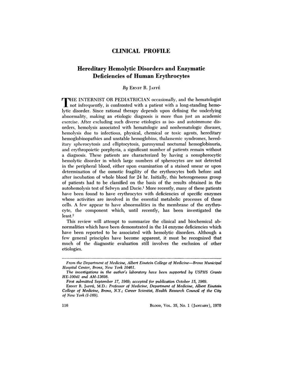 First page of Clinical Profile: Hereditary Hemolytic Disorders and Enzymatic Deficiencies of Human Erythrocytes