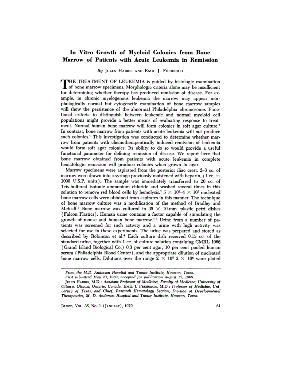 First page of In Vitro Growth of Myeloid Colonies from Bone Marrow of Patients with Acute Leukemia in Remission