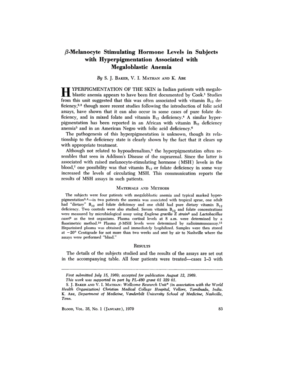 First page of β-Melanocyte Stimulating Hormone Levels in Subjects with Hyperpigmentation Associated with Megaloblastic Anemia
