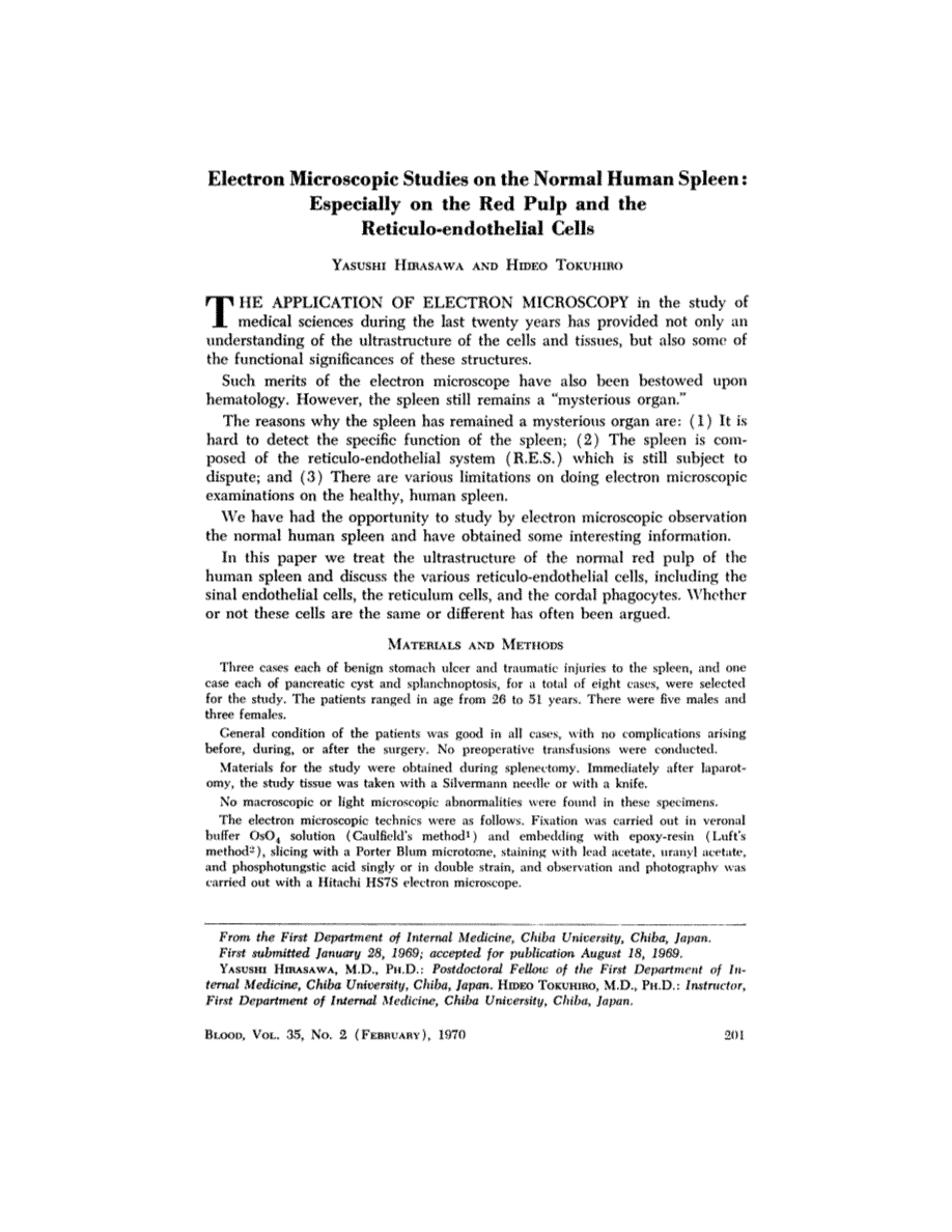 First page of Electron Microscopic Studies on the Normal Human Spleen: Especially on the Red Pulp and the Reticulo-endothelial Cells