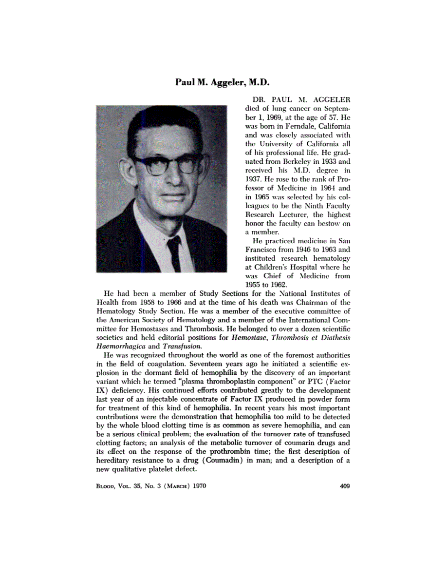 First page of Obituary: Paul M. Aggeler, M.D
