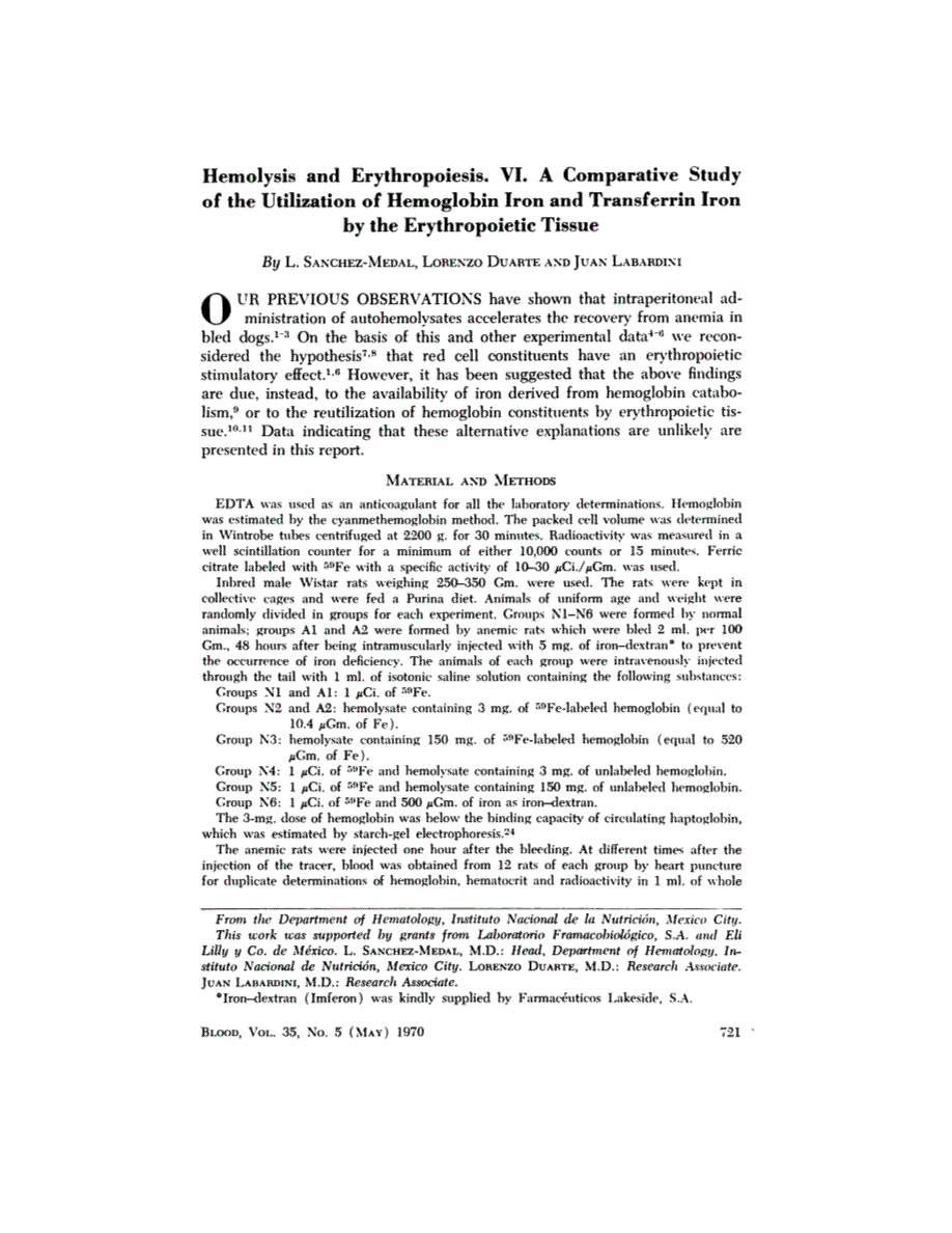 First page of Hemolysis and Erythropoiesis. VI. A Comparative Study of the Utilization of Hemoglobin Iron and Transferrin Iron by the Erythropoietic Tissue