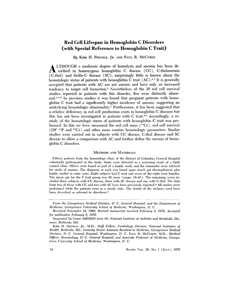 First page of Red Cell Lifespan in Hemoglobin C Disorders (with Special Reference to Hemoglobin C Trait)