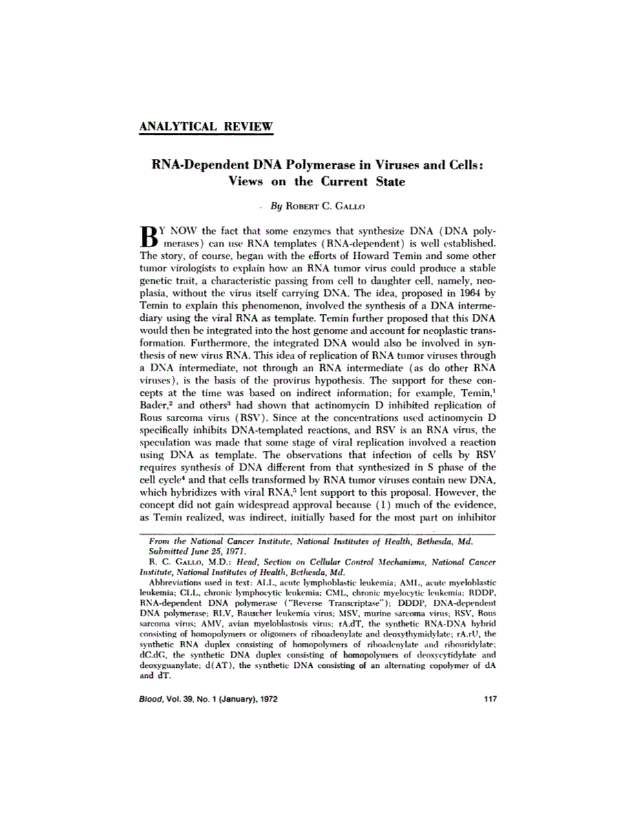 First page of Analytical Review: RNA-Dependent DNA Polymerase in Viruses and Cells: Views on the Current State