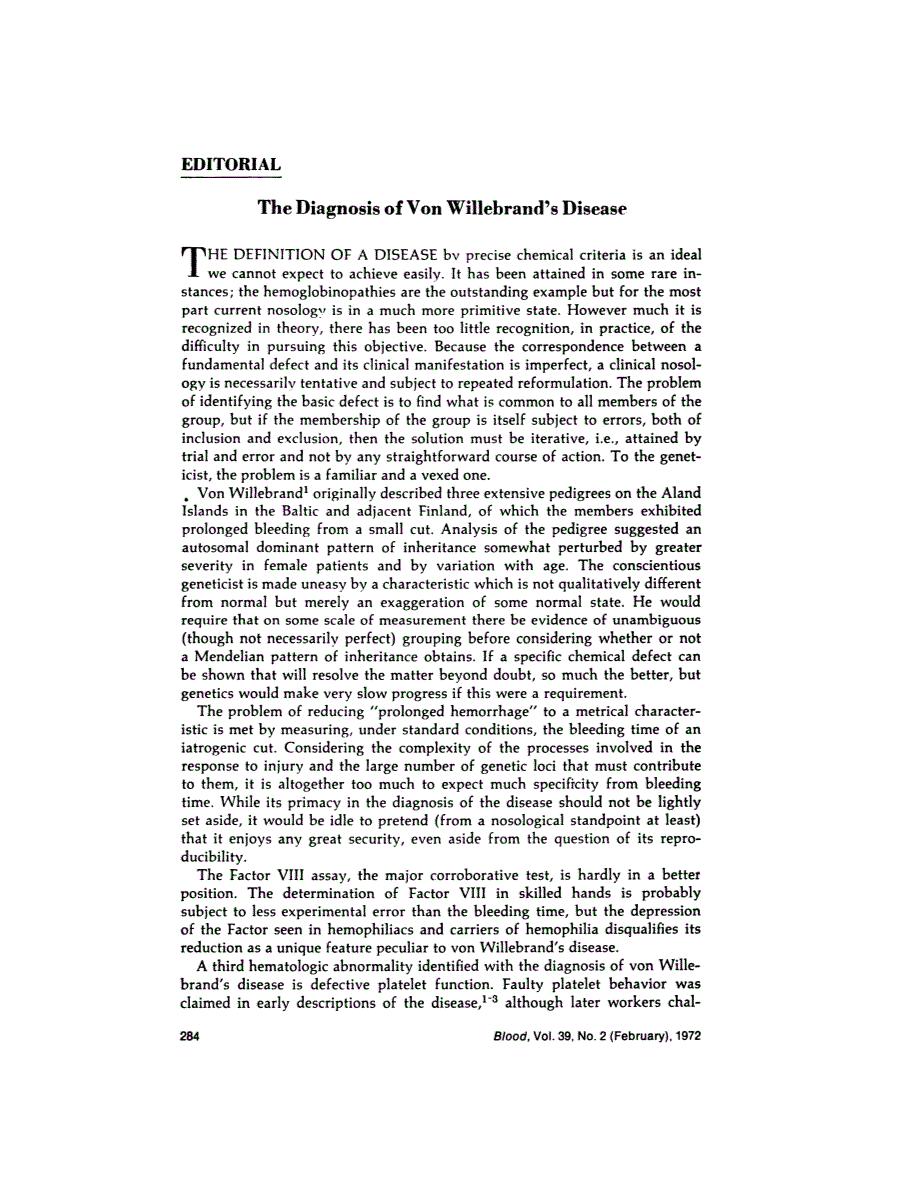 First page of Editorial: The Diagnosis of Von Willebrand’s Disease