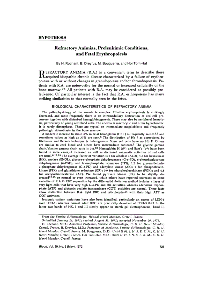 First page of Hypothesis: Refractory Animias, Preleukimic Conditions, and Fetal Erythropoiesis