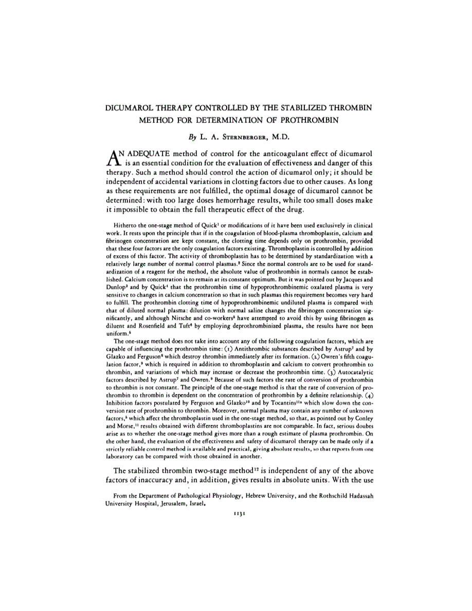 First page of DICUMAROL THERAPY CONTROLLED BY THE STABILIZED THROMBIN METHOD FOR DETERMINATION OF PROTHROMBIN