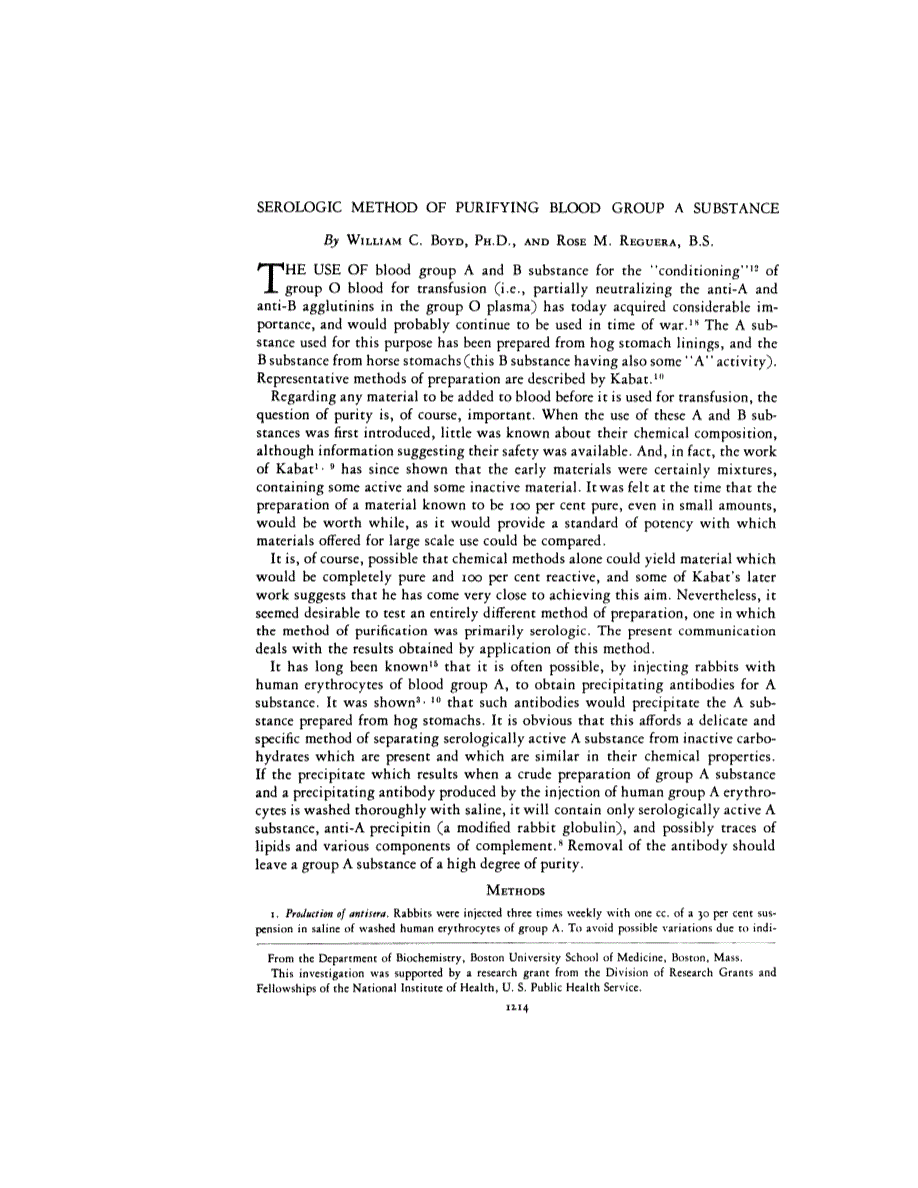 First page of SEROLOGIC METHOD OF PURIFYING BLOOD GROUP A SUBSTANCE