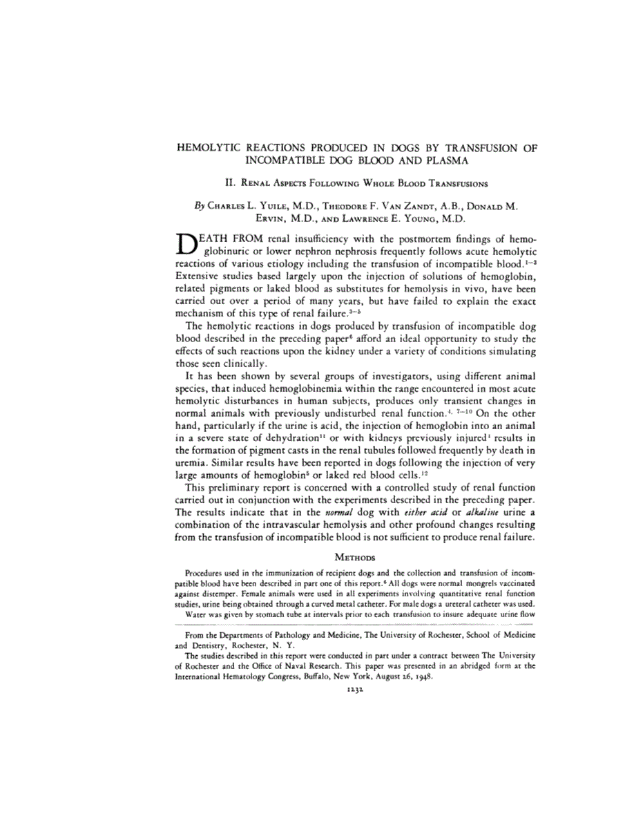 First page of HEMOLYTIC REACTIONS PRODUCED IN DOGS BY TRANSFUSION OF INCOMPATIBLE DOG BLOOD AND PLASMA <subtitle>II. RENAL ASPECTS FOLLOWING WHOLE BLOOD TRANSFUSIONS</subtitle>