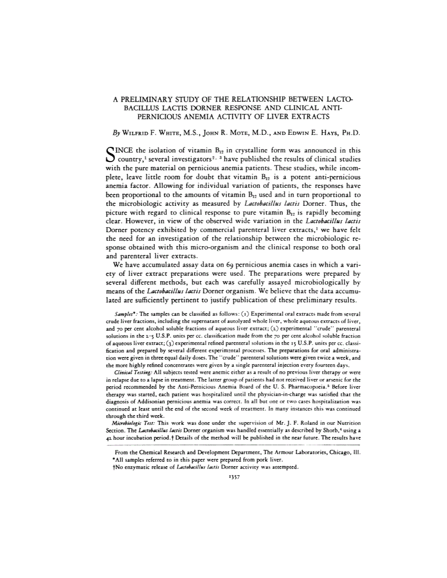 First page of A PRELIMINARY STUDY OF THE RELATIONSHIP BETWEEN LACTOBACILLUS LACTIS DORNER RESPONSE AND CLINICAL ANTIPERNICIOUS ANEMIA ACTIVITY OF LIVER EXTRACTS