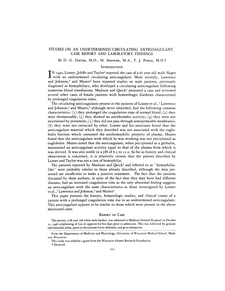 First page of STUDIES ON AN UNDETERMINED CIRCULATING ANTICOAGULANT. CASE REPORT AND LABORATORY FINDINGS