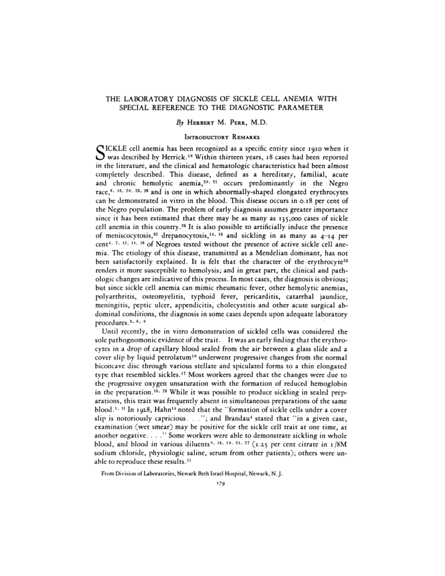 First page of THE LABORATORY DIAGNOSIS OF SICKLE CELL ANEMIA WITH SPECIAL REFERENCE TO THE DIAGNOSTIC PARAMETER