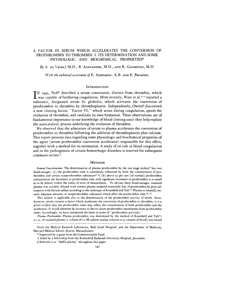 First page of A FACTOR IN SERUM WHICH ACCELERATES THE CONVERSION OF PROTHROMBIN TO THROMBIN: I. ITS DETERMINATION AND SOME PHYSIOLOGIC AND BIOCHEMICAL PROPERTIES