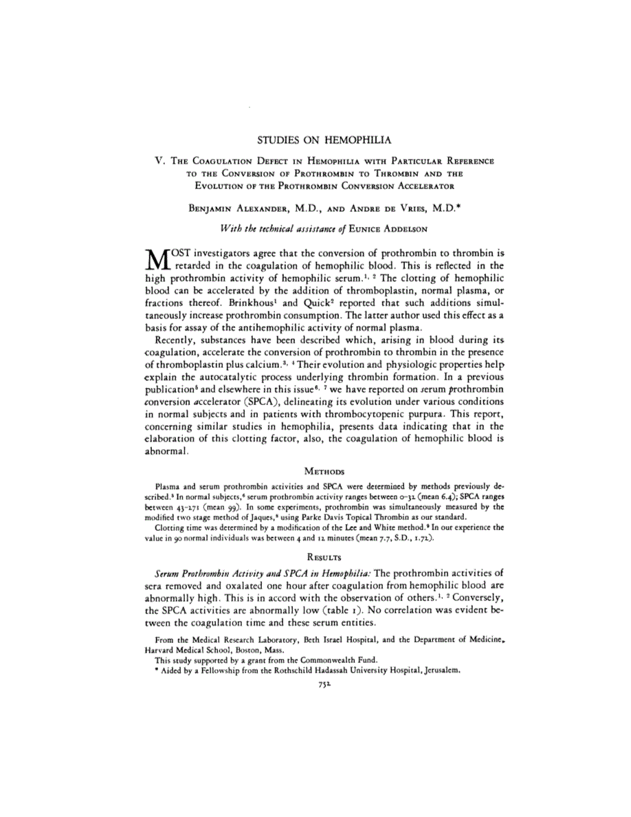 First page of STUDIES ON HEMOPHILIA <subtitle>V. THE COAGULATION DEFECT IN HEMOPHILIA WITH PARTICULAR REFERENCE TO THE CONVERSION OF PROTHROMBIN TO THROMBIN AND THE EVOLUTION OF THE PROTHROMBIN CONVERSION ACCELERATOR</subtitle>