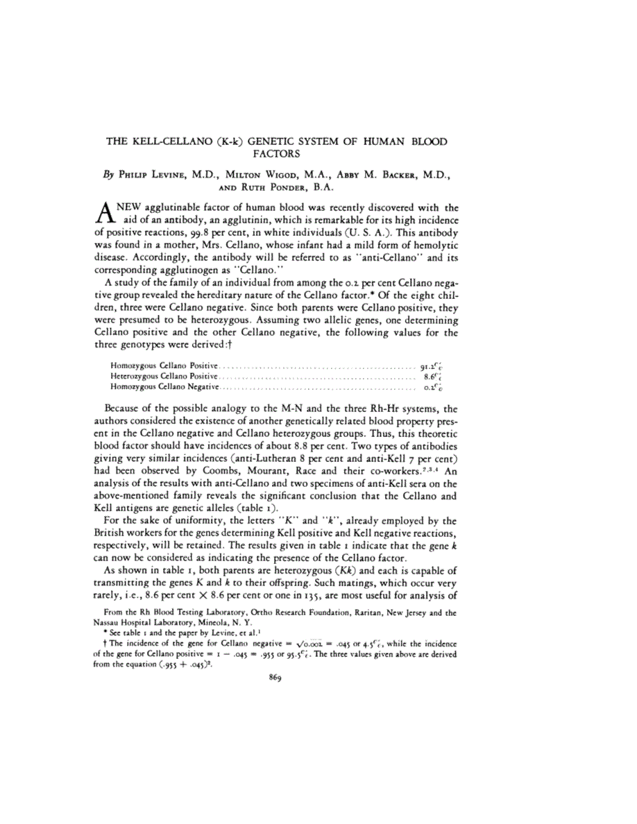 First page of THE KELL-CELLANO (K-k) GENETIC SYSTEM OF HUMAN BLOOD FACTORS
