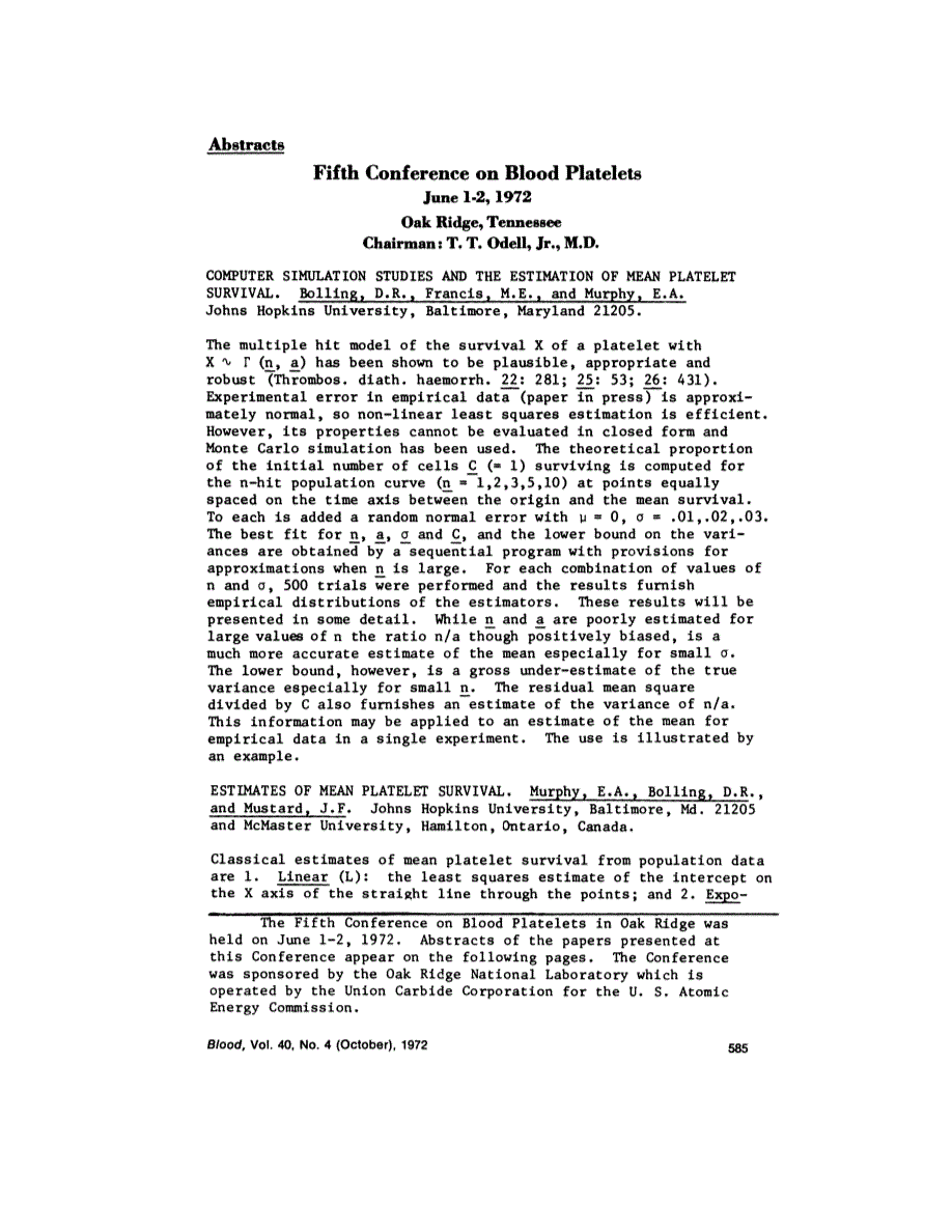 First page of Abstracts: Fifth Conference on Blood Platelets June 1-2, 1972 Oak Ridge, Tennessee
