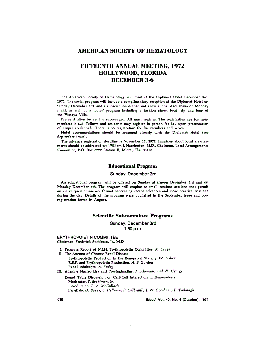 First page of AMERICAN SOCIETY OF HEMATOLOGY FIFTEENTH ANNUAL MEETING, 1972 HOLLYWOOD, FLORIDA DECEMBER 3-6