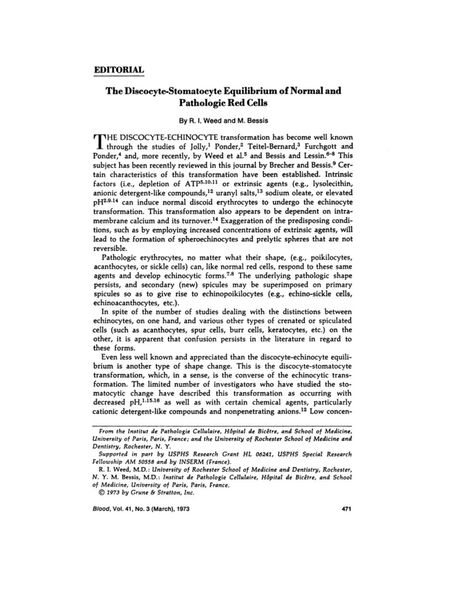 First page of Editorial: The Discocyte-Stomatocyte Equilibrium of Normal and Pathologic Red Cells