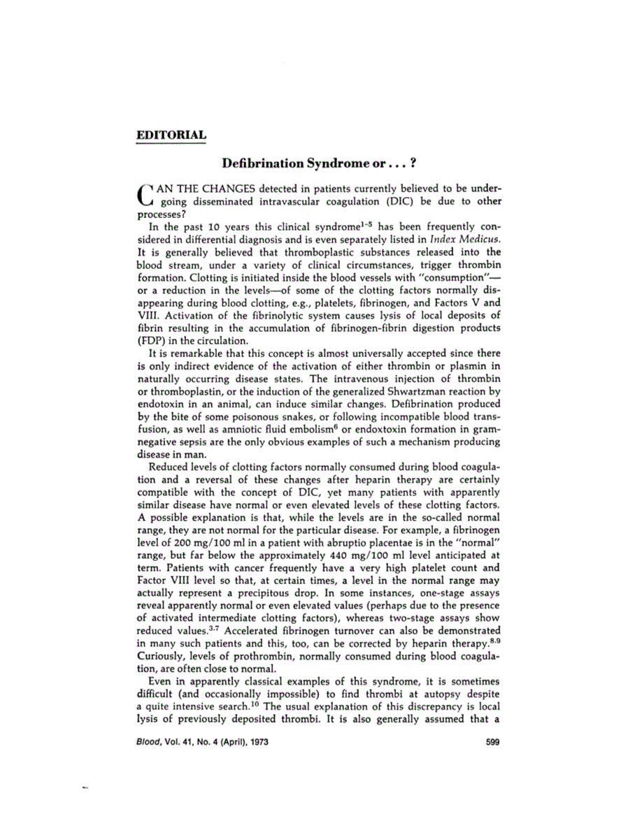 First page of Editorial: Defibrination Syndrome or … ?