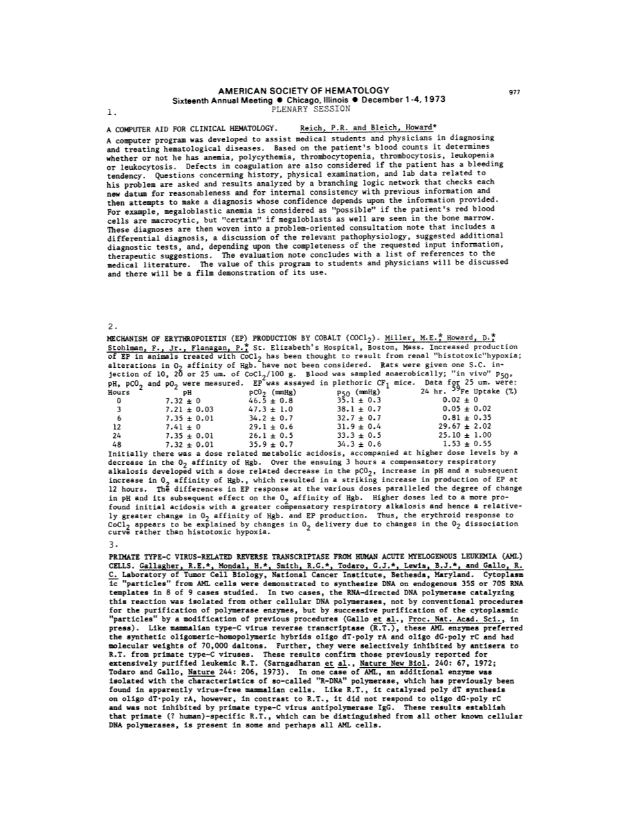 First page of AMERICAN SOCIETY OF HEMATOLOGY Sixteenth Annual Meeting • Chicago, Illinois • December 1-4, 1973