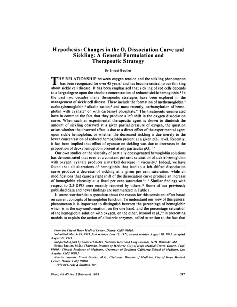 First page of Hypothesis: Changes in the O<sub>2</sub> Dissociation Curve and Sickling: A General Formulation and Therapeutic Strategy