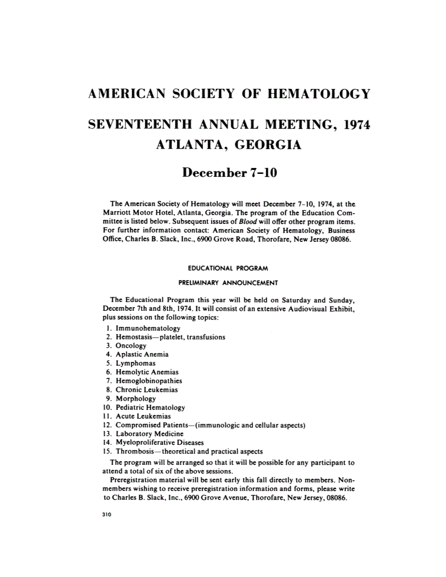 First page of AMERICAN SOCIETY OF HEMATOLOGY SEVENTEENTH ANNUAL MEETING, 1974 ATLANTA, GEORGIA December 7-10