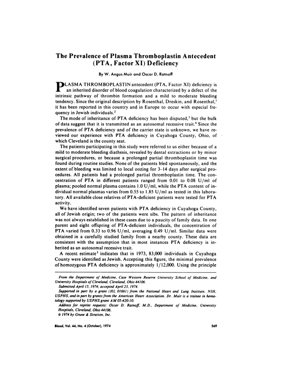 First page of The Prevalence of Plasma Thromboplastin Antecedent (PTA, Factor XI) Deficiency