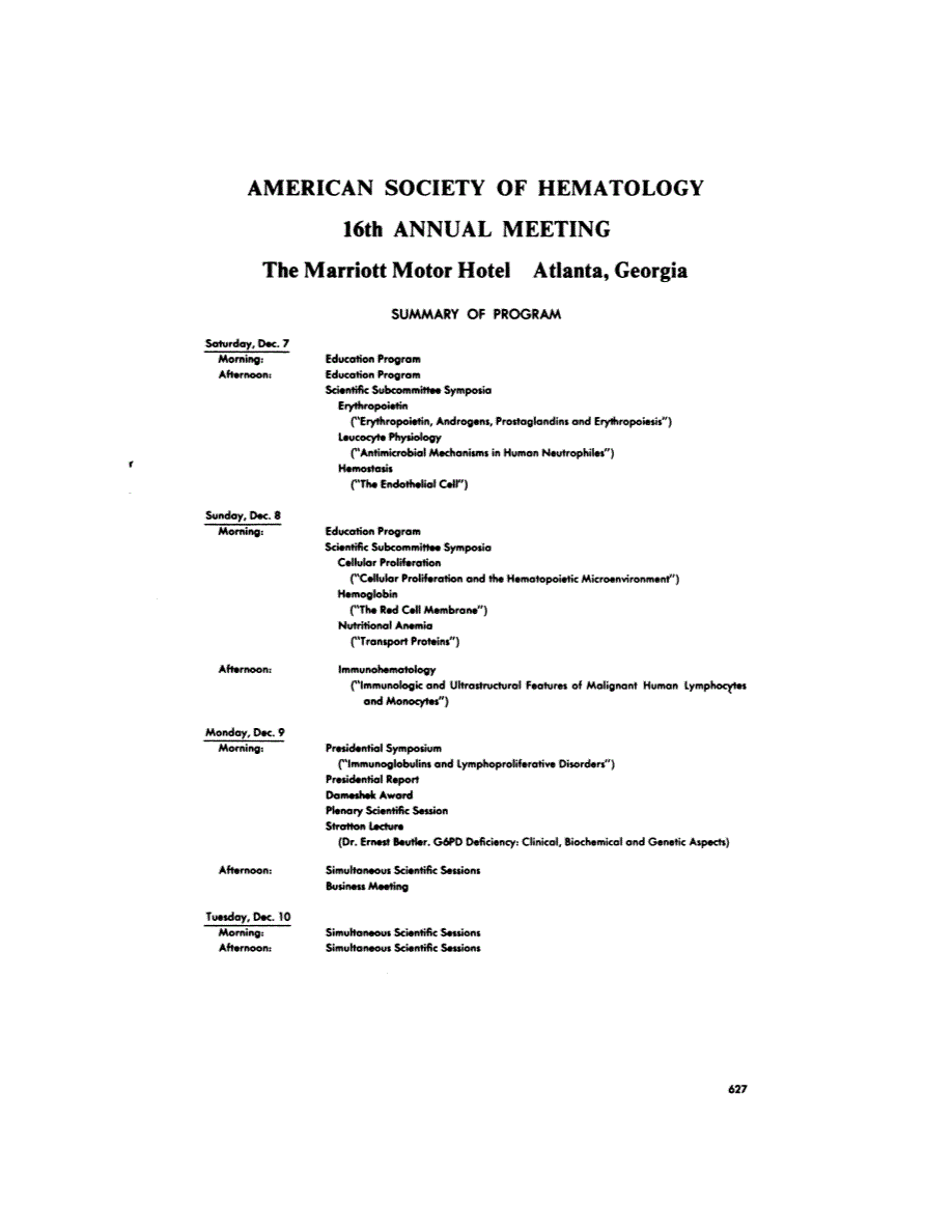 First page of AMERICAN SOCIETY OF HEMATOLOGY 16th ANNUAL MEETING The Marriott Motor Hotel Atlanta, Georgia