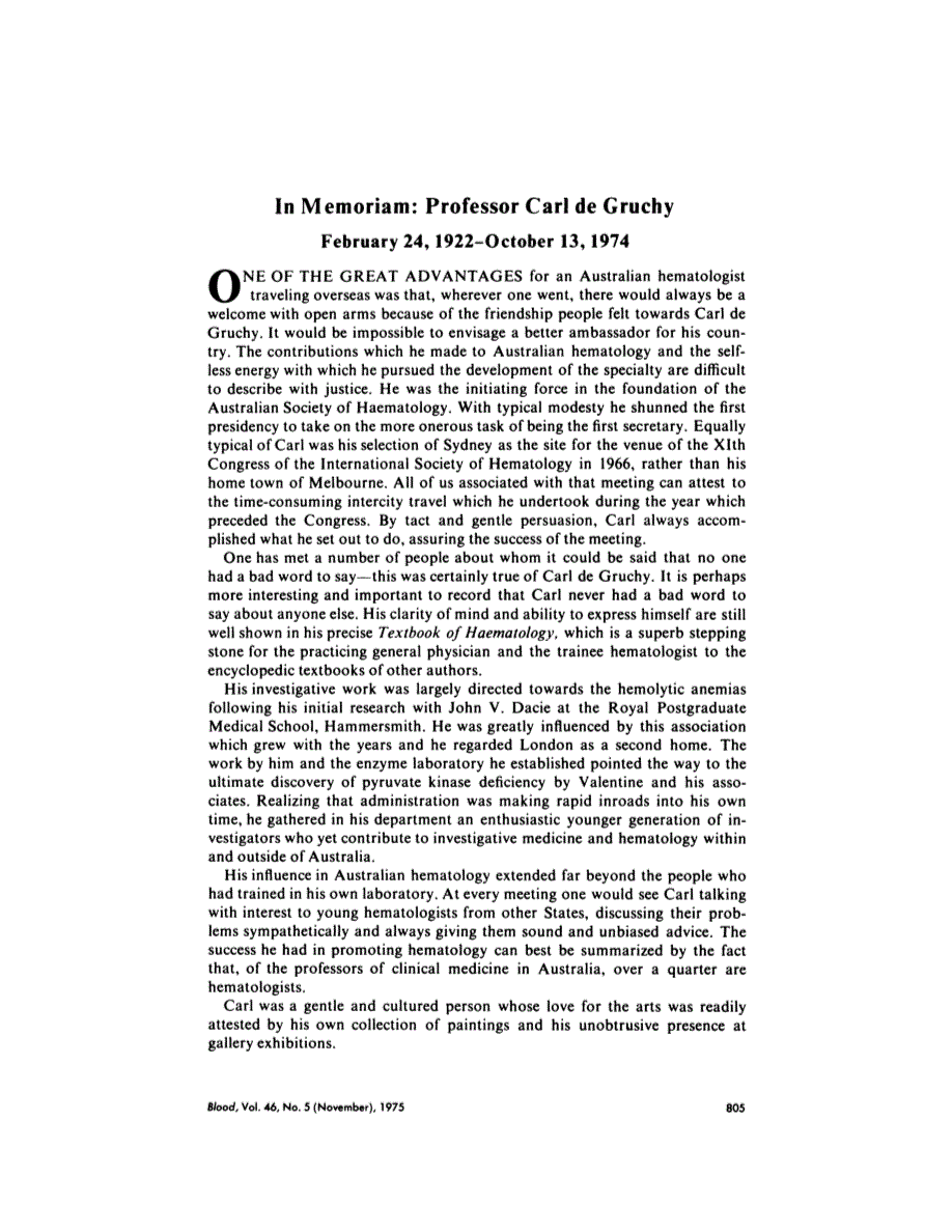 First page of In memoriam: professor Carl de Gruchy February 24, 1922-October 13,1974