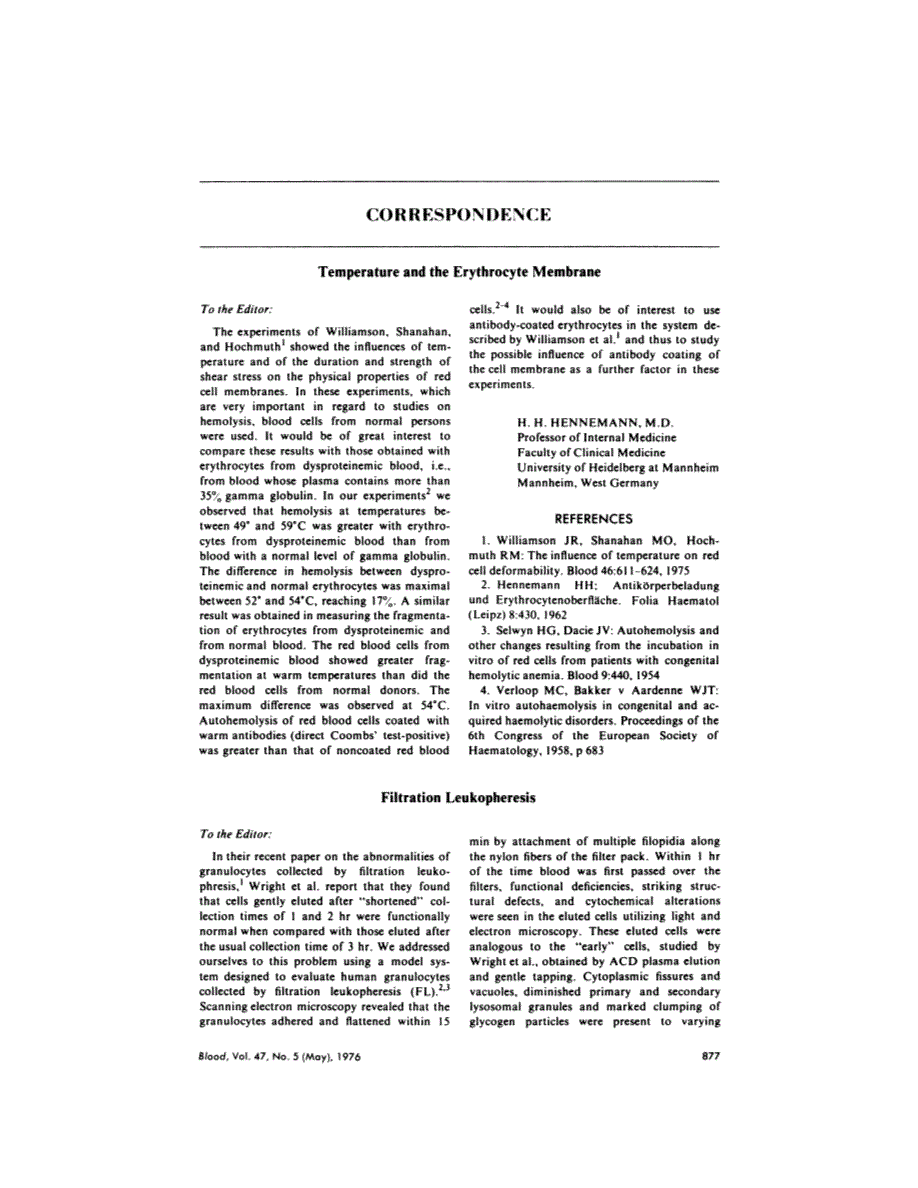 First page of Letter: Temperature and the erythrocyte membrane