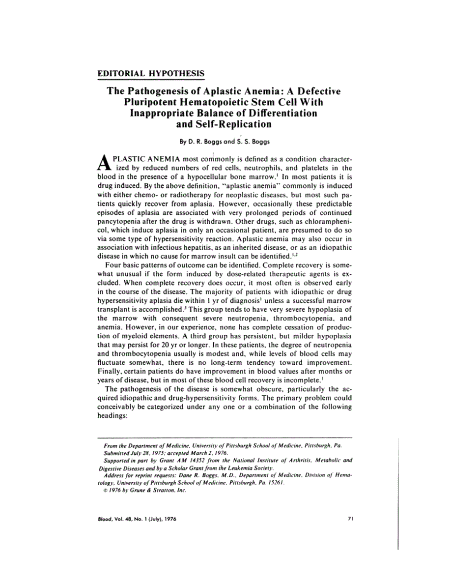 First page of Editorial: The pathogenesis of aplastic anemia: a defective pluripotent hematopoietic stem cell with inappropriate balance of differentiation and self-replication