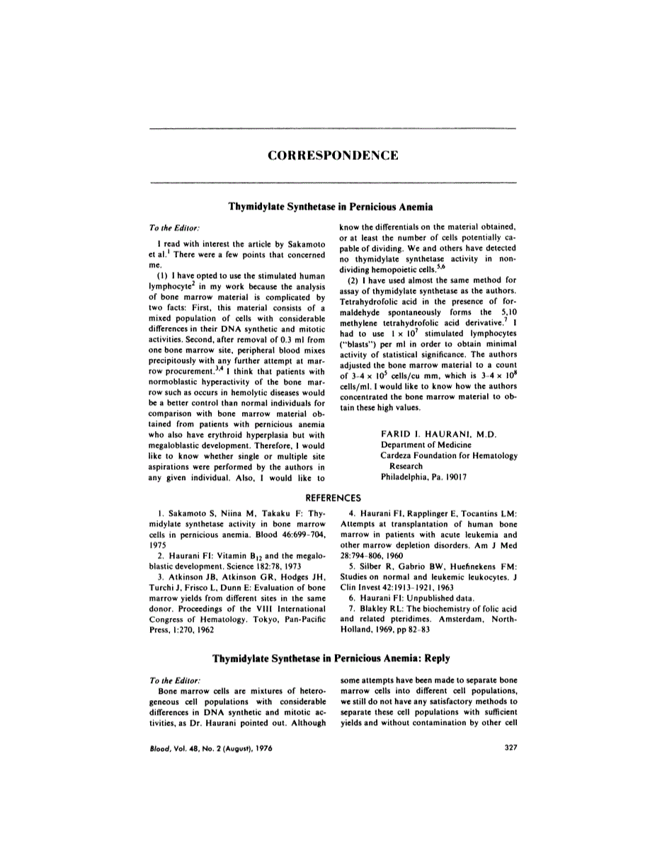 First page of Letter: Thymidylate synthetase in pernicious anemia