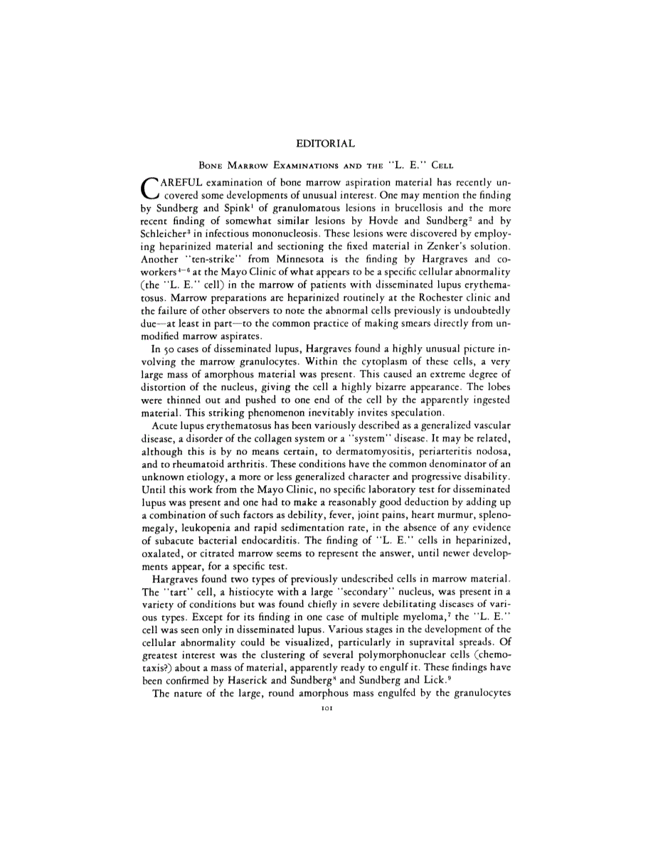 First page of EDITORIAL <subtitle>BONE MARROW EXAMINATIONS AND THE "L. E." CELL</subtitle>