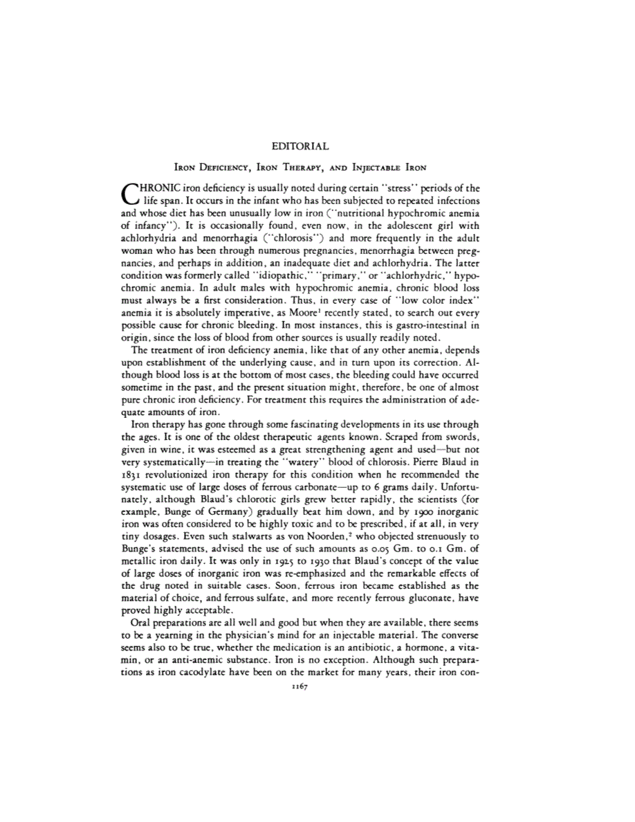 First page of EDITORIAL <subtitle>IRON DEFICIENCY, IRON THERAPY, AND INJECTABLE IRON</subtitle>