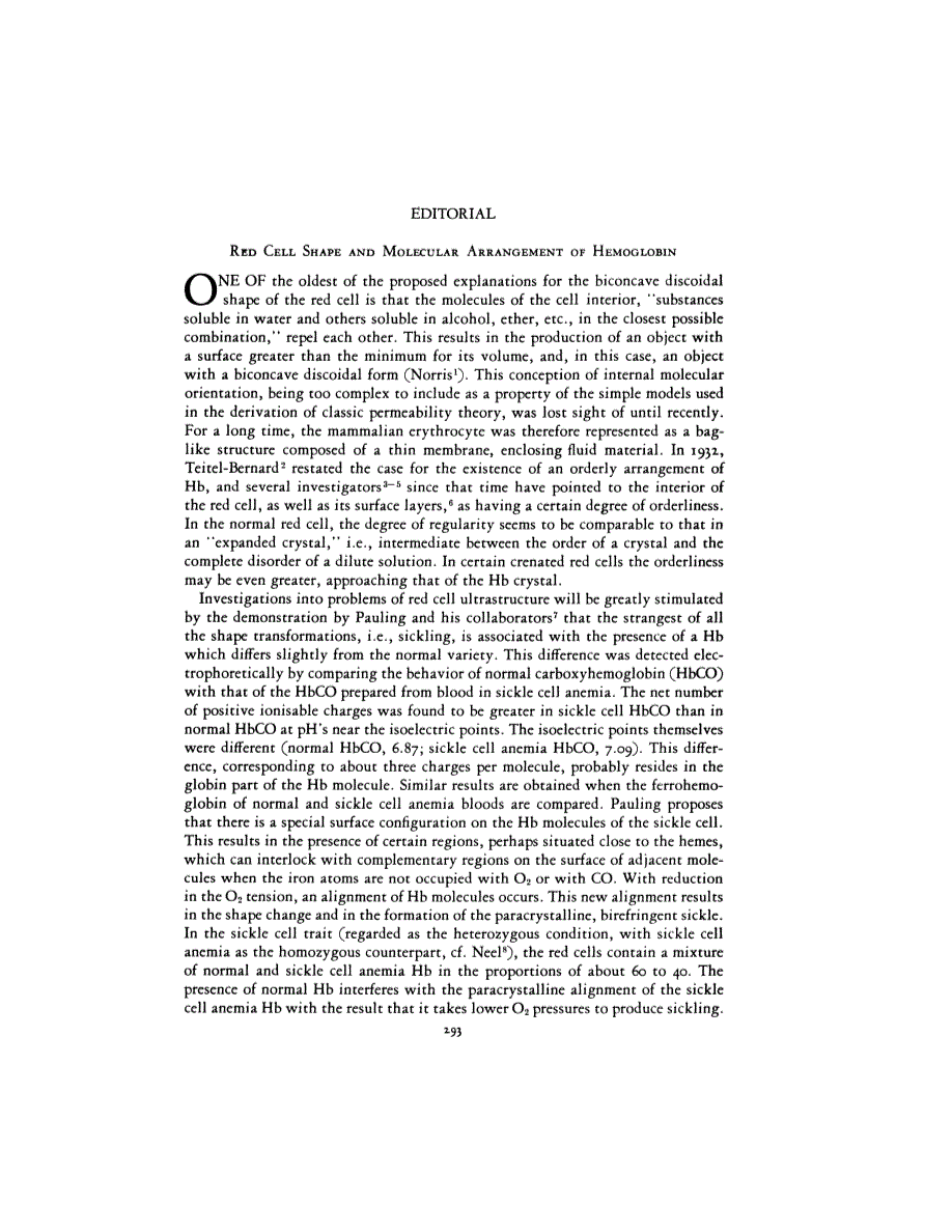 First page of EDITORIAL <subtitle>RED CELL SHAPE AND MOLECULAR ARRANGEMENT OF HEMOGLOBIN</subtitle>