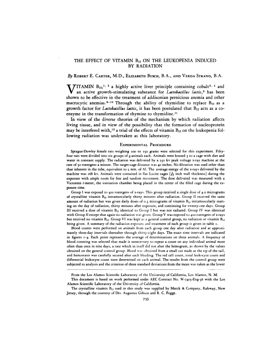First page of THE EFFECT OF VITAMIN B<sub>12</sub> ON THE LEUKOPENIA INDUCED BY RADIATION