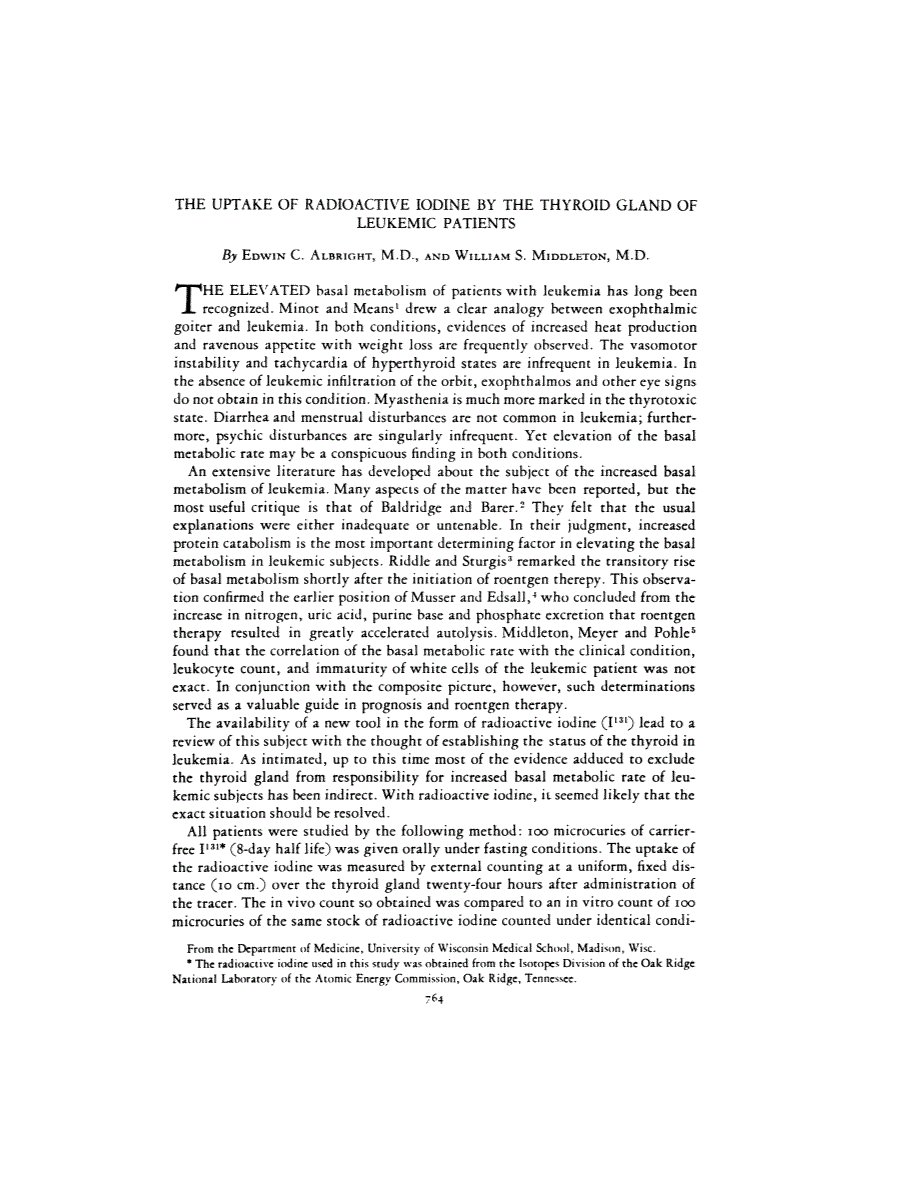 First page of THE UPTAKE OF RADIOACTIVE IODINE BY THE THYROID GLAND OF LEUKEMIC PATIENTS