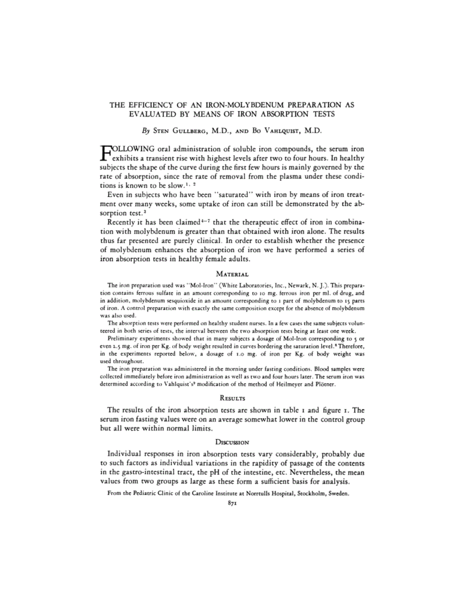 First page of THE EFFICIENCY OF AN IRON-MOLYBDENUM PREPARATION AS EVALUATED BY MEANS OF IRON ABSORPTION TESTS