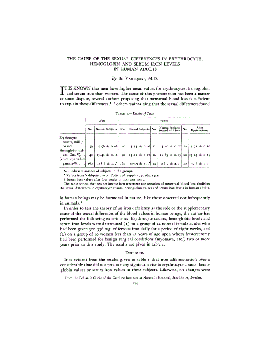First page of THE CAUSE OF THE SEXUAL DIFFERENCES IN ERYTHROCYTE, HEMOGLOBIN AND SERUM IRON LEVELS IN HUMAN ADULTS