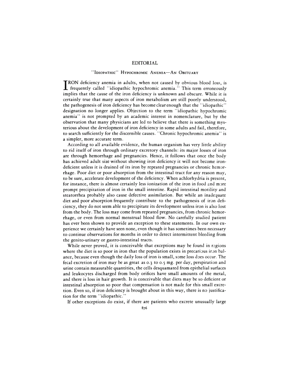 First page of EDITORIAL <subtitle>"IDIOPATHIC" HYPOCHROMIC ANEMIA—AN OBITUARY</subtitle>