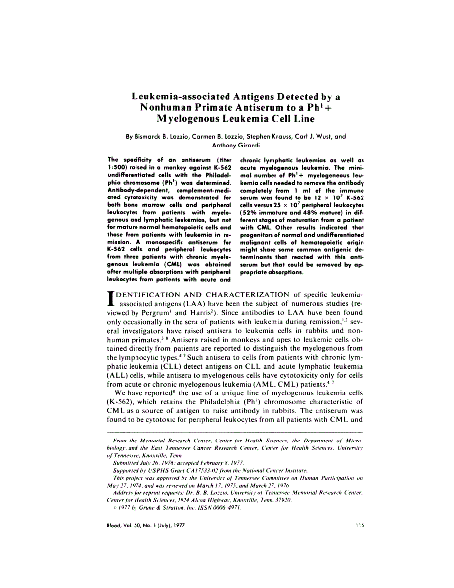First page of Leukemia-associated antigens detected by a nonhuman primate antiserum to a Ph1+ myeologenous leukemia cell line