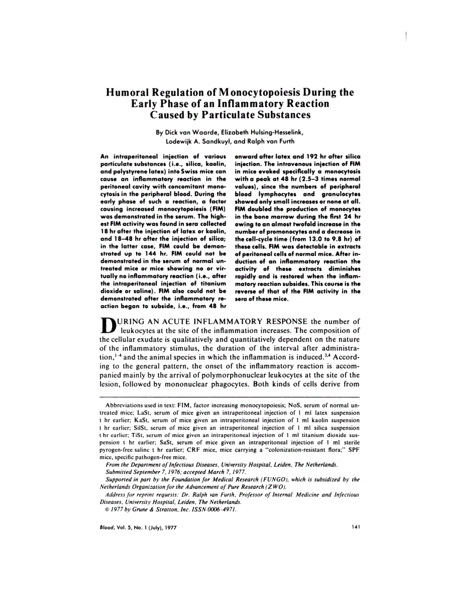 First page of Humoral regulation of monocytopoiesis during the early phase of an inflammatory reaction caused by particulate substances