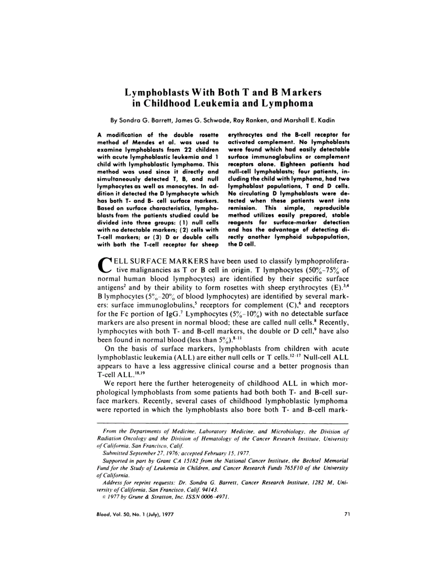 First page of Lymphoblasts with both T and B markers in childhood leukemia and lymphoma