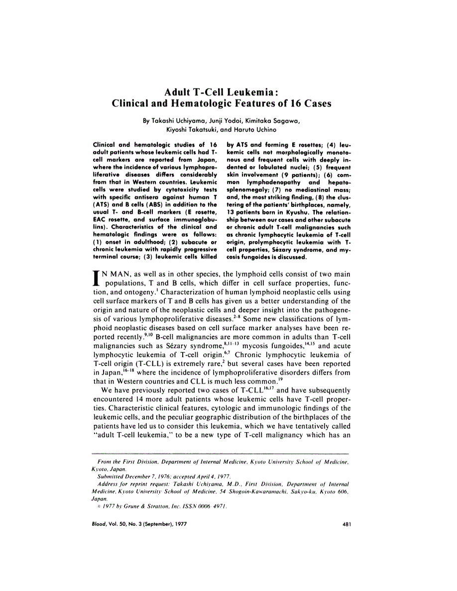 First page of Adult T-cell leukemia: clinical and hematologic features of 16 cases